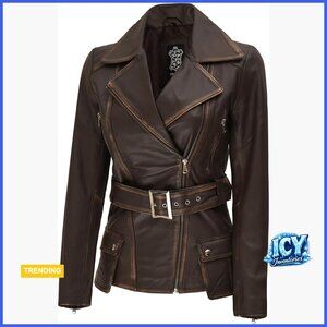 Real Lambskin Leather Jacket Women's Belted Asymmetrical Vintage Style